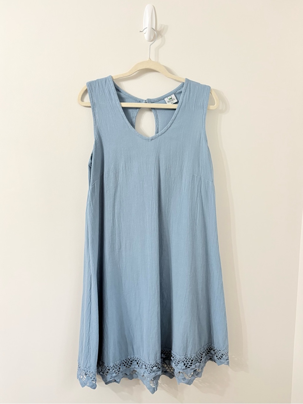HIXCATL MEXICO Blue Cotton Crochet Hem Dress Sz M Sustainable Boho Artsy Chic - Picture 2 of 6